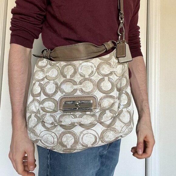Coach Handbags - Vintage Coach Kristin Signature Canvas Khaki Cream Optic Art Sequin Hobo Bag